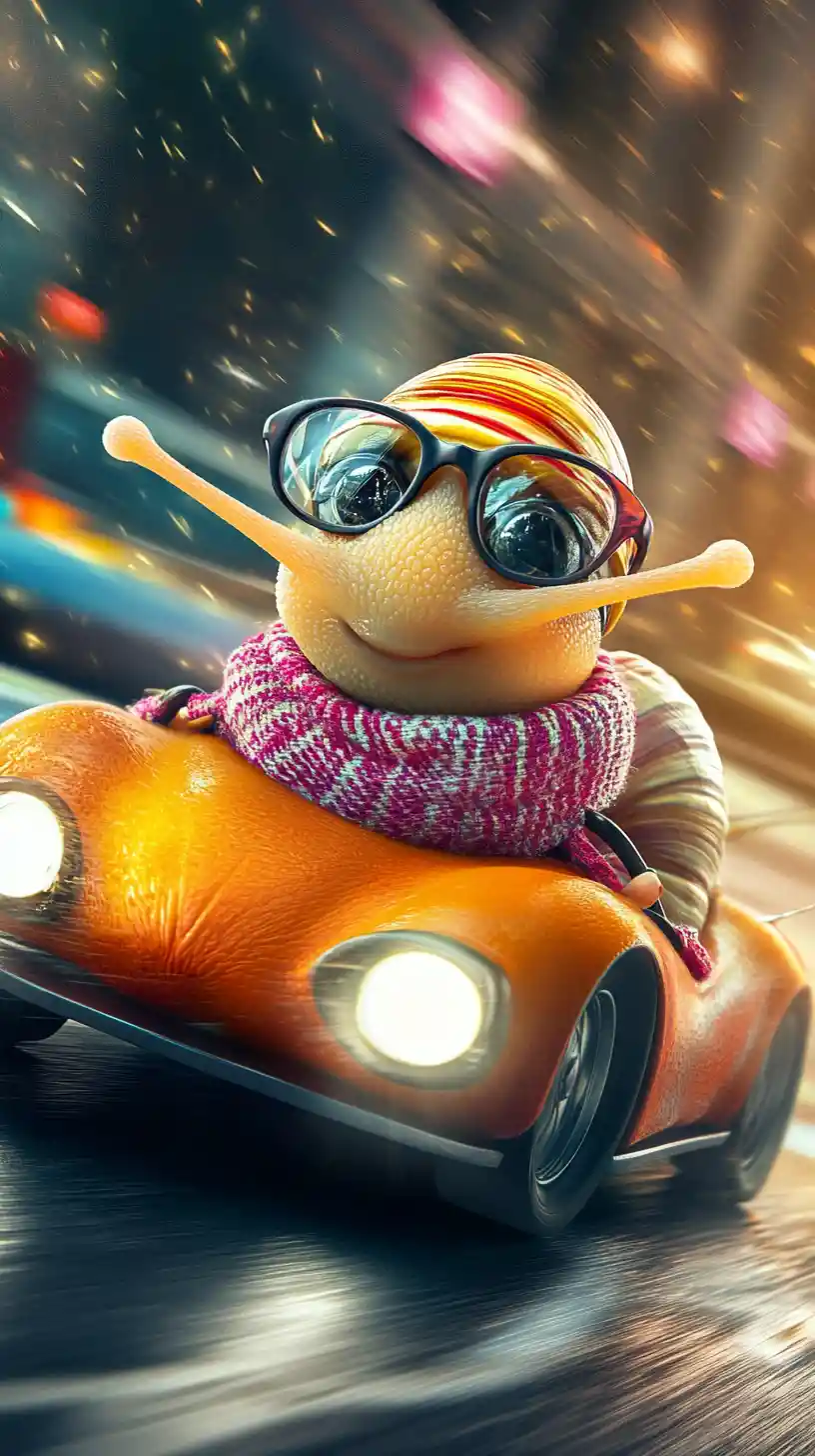 Colorful cartoon snail racing fast in a convertible car