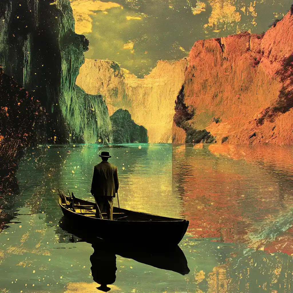 Surreal portrait of an old fisherman in dadaist minimalist collage