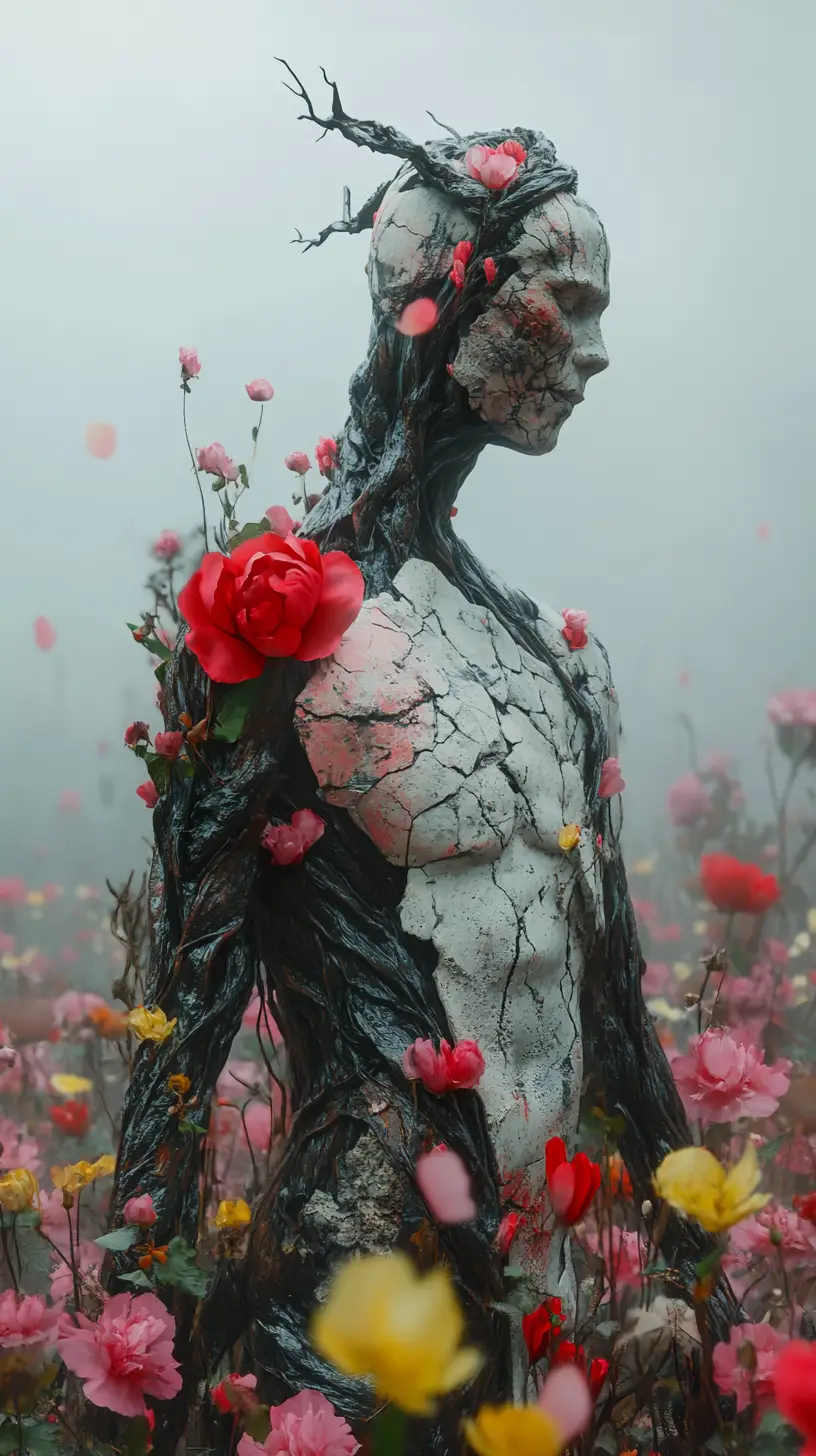Horned stone humanoid in a field of blooming flowers