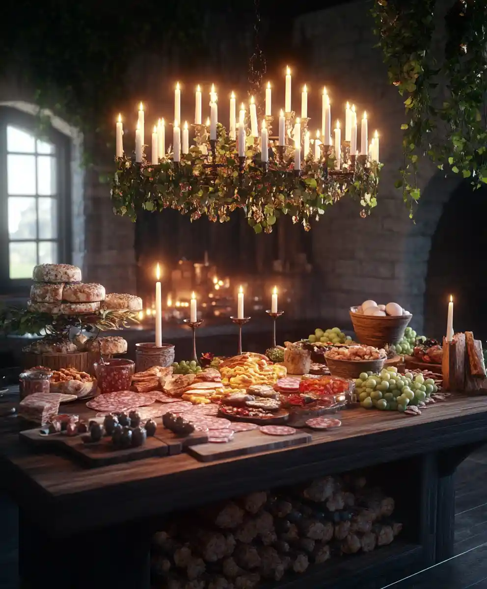 Rustic charcuterie spread under candlelit kitchen chandelier