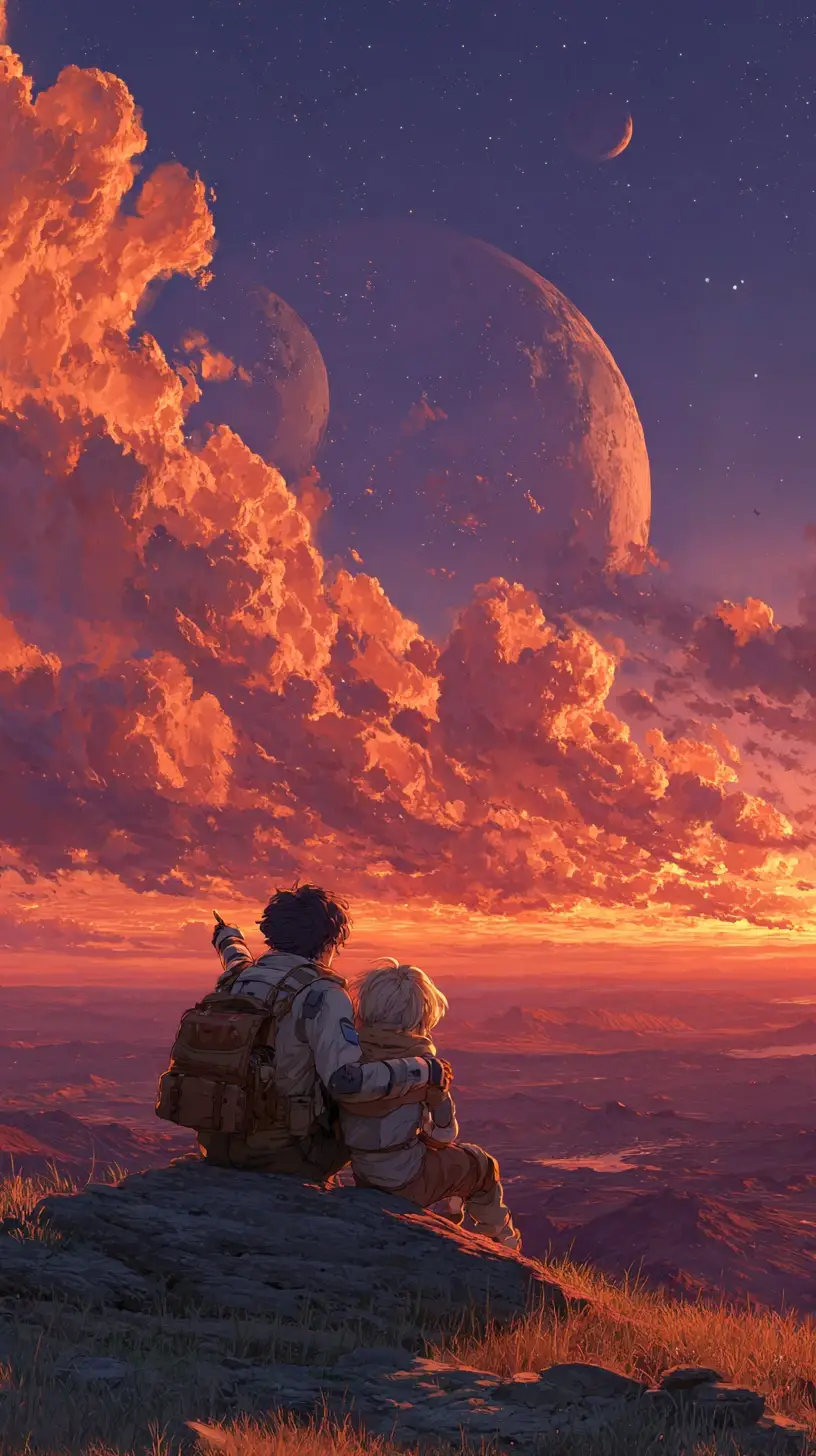 Two astronauts resting on a rocky ledge at alien sunset