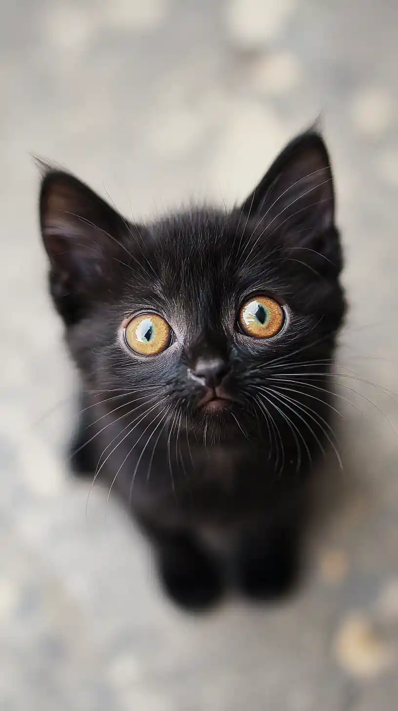 Tiny chibi black cat with sparkling golden curious eyes