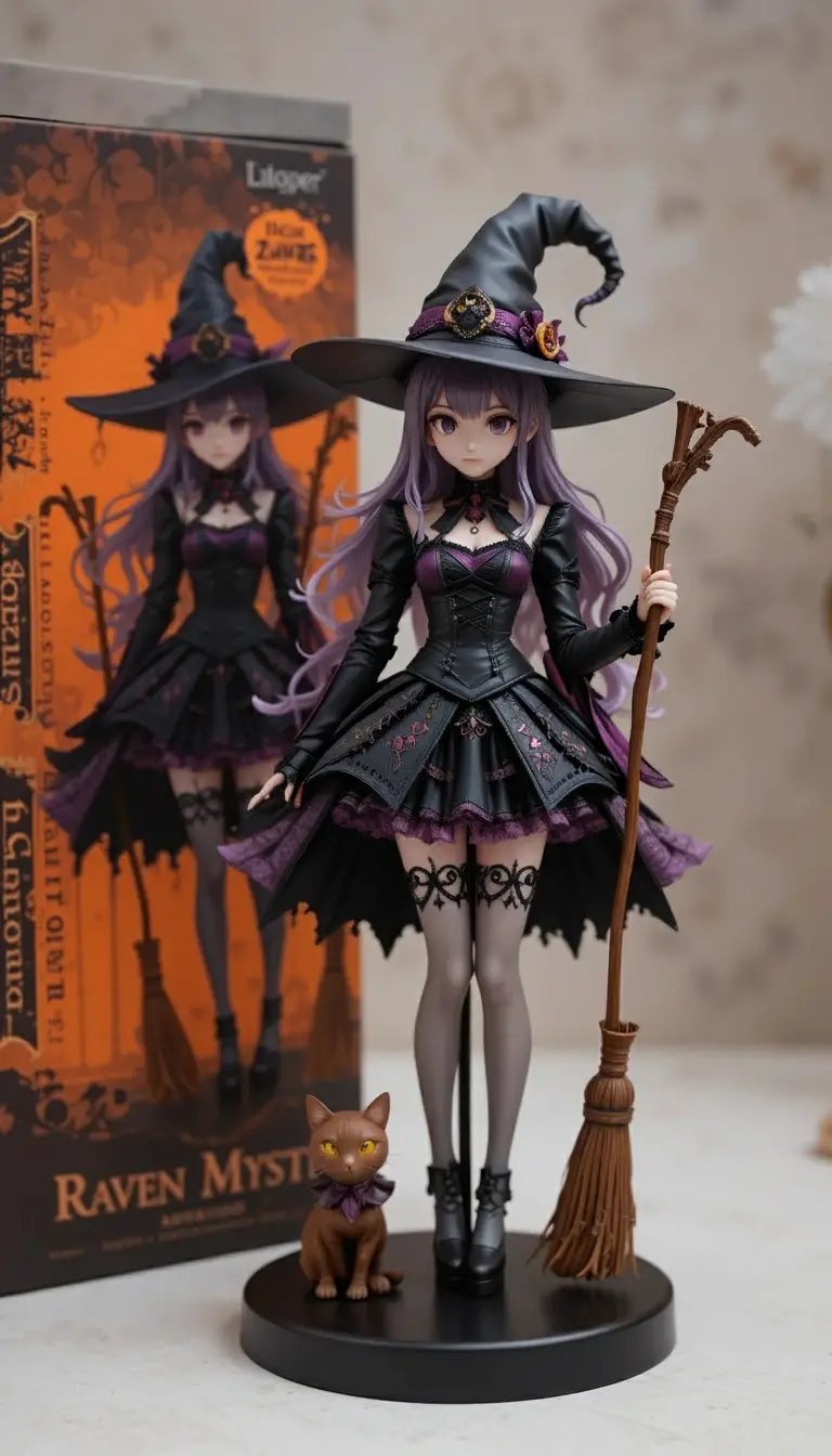 Gothic anime witch figurine with black cat companion