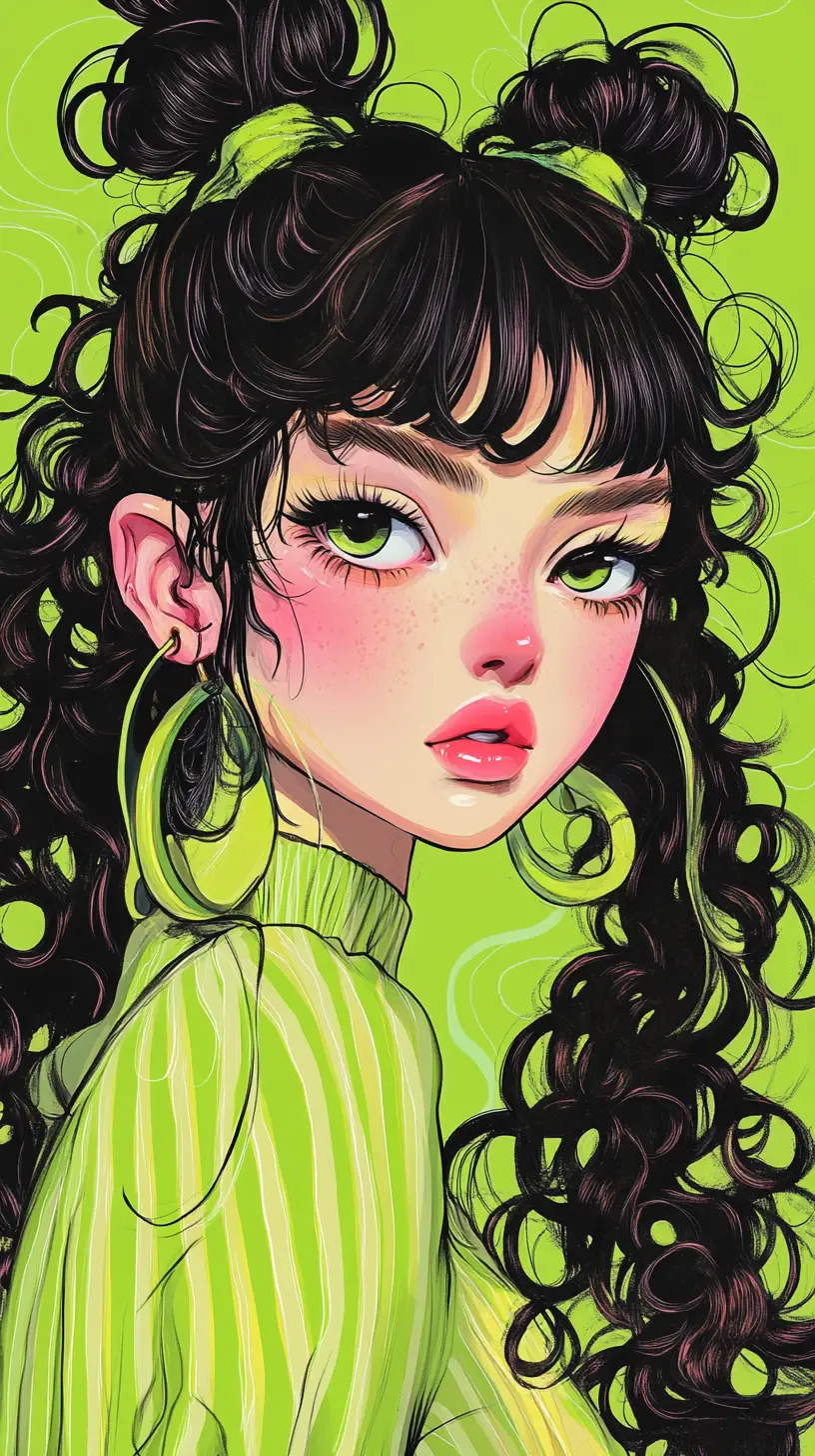 Close up fashion illustration of a stylish curly haired girl