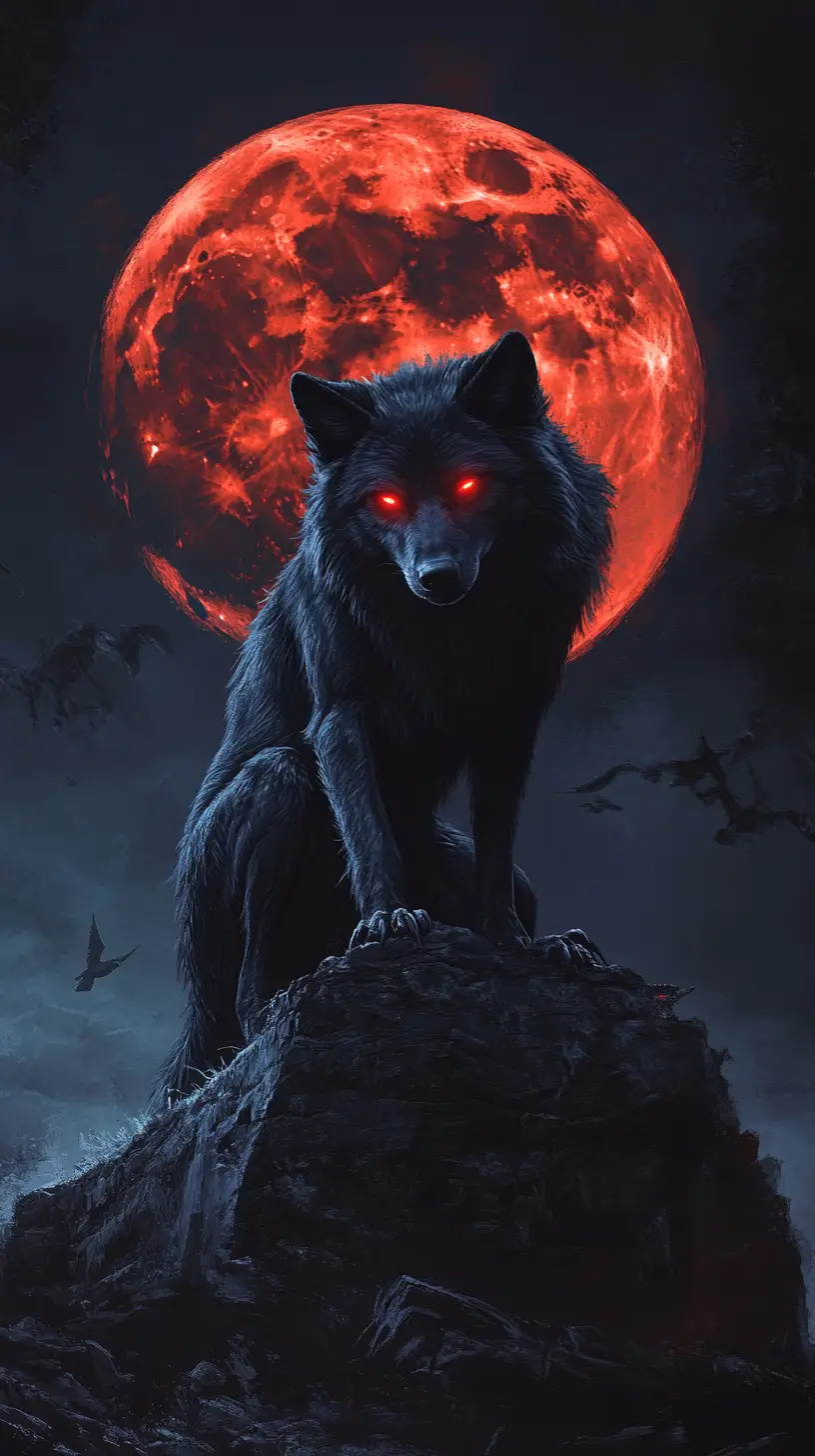 Black wolf under a blood red moon on rocky cliffs