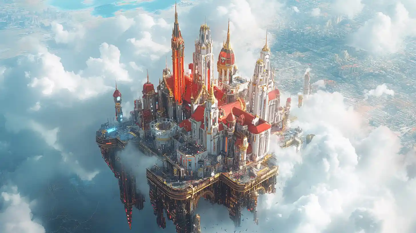 Miniature cyberpunk city rising from a digital world map
