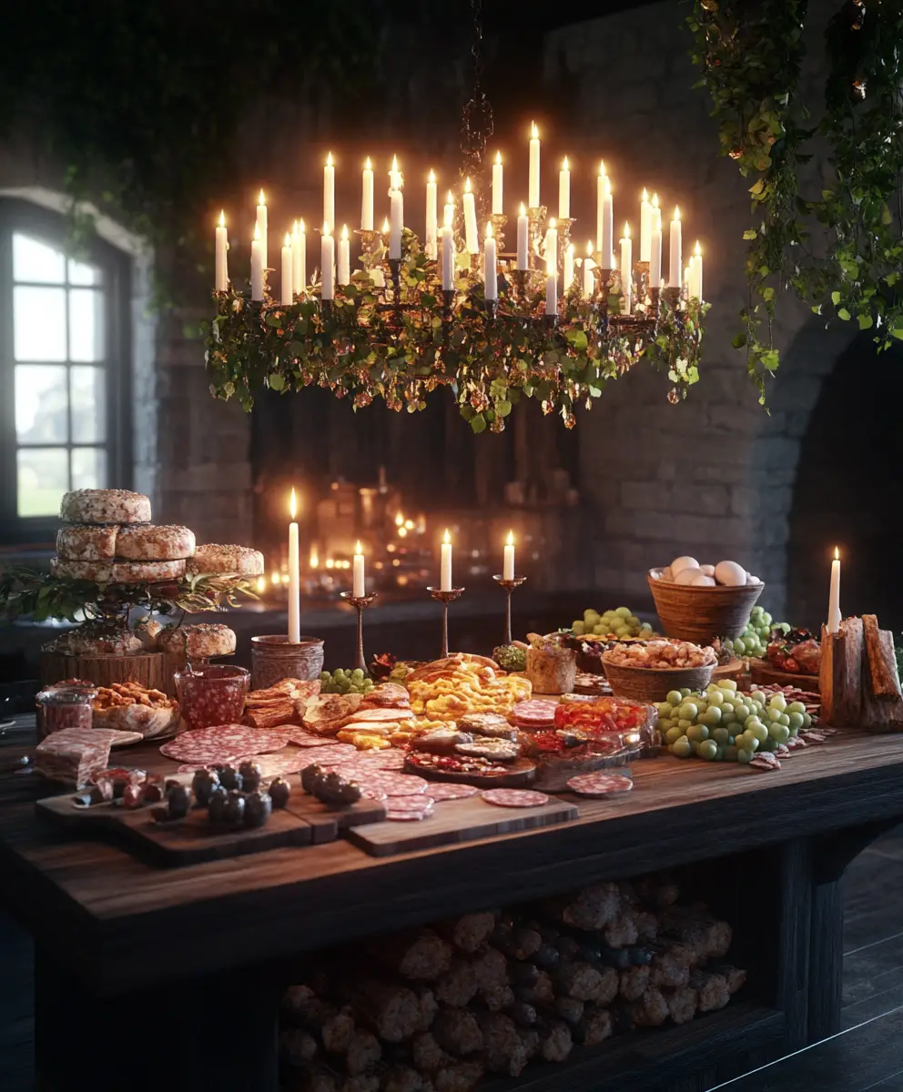 Rustic charcuterie spread under candlelit kitchen chandelier