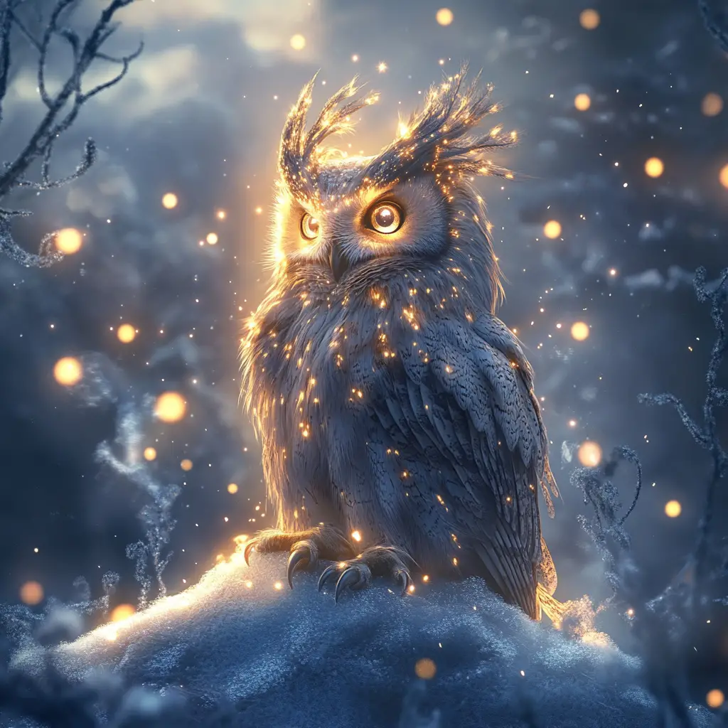 Horned owl glowing with magical lights on silver hill