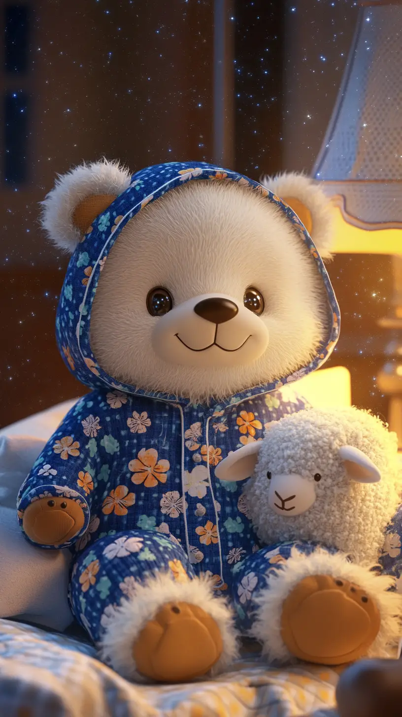 Cute teddy bear in blue onesie cuddling a plush sheep