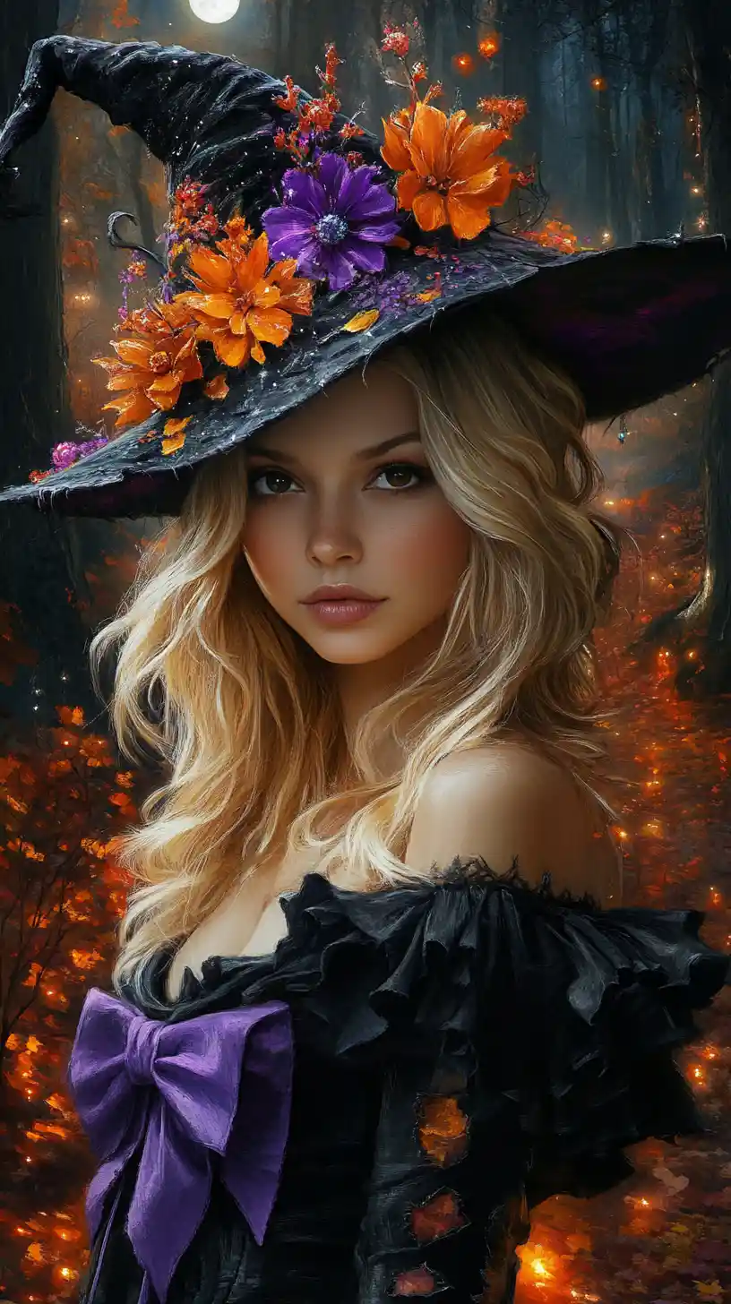 Witch girl in black dress under glowing autumn moon