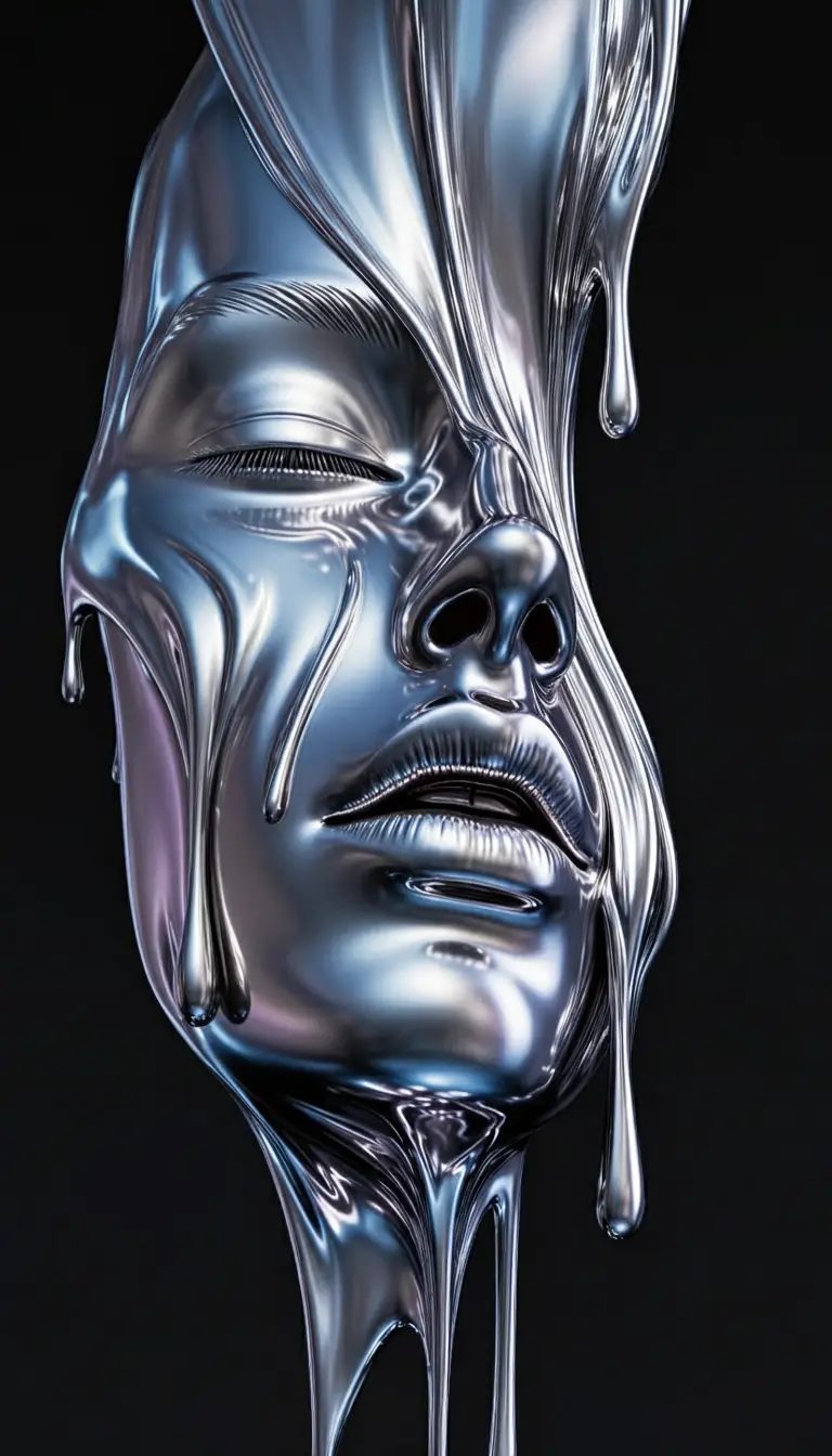 Liquid metal curves with iridescent gradients in studio lighting