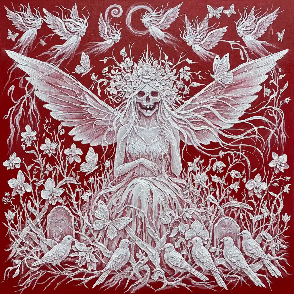 Fairy queen in a graveyard of dead flowers and orchids