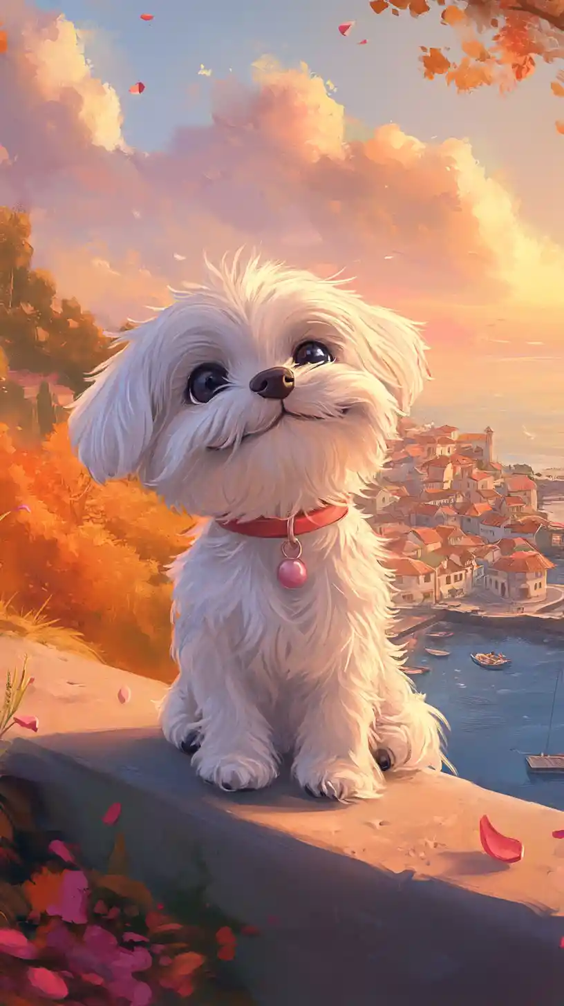 Dolce shih tzu su una pittoresca riva sul mare al tramonto