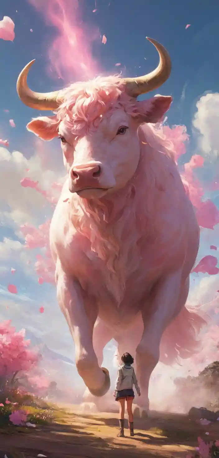 Otherworldly pink flame bull in surreal anime illustration