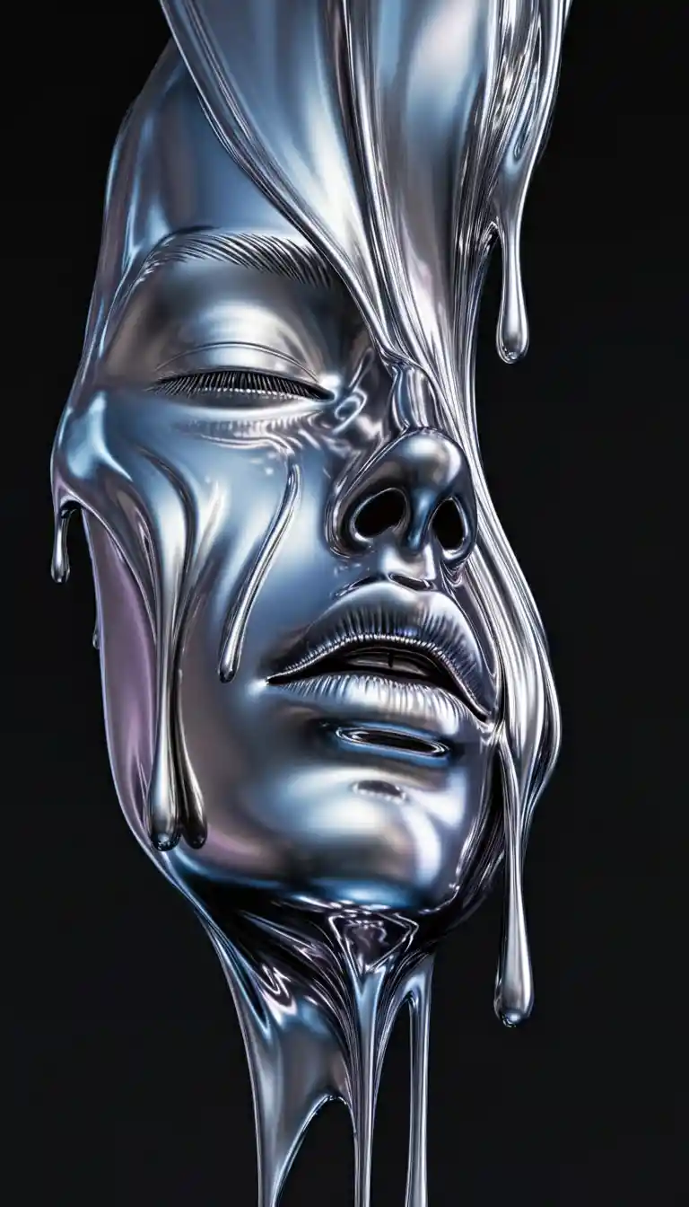 Liquid metal curves with iridescent gradients in studio lighting