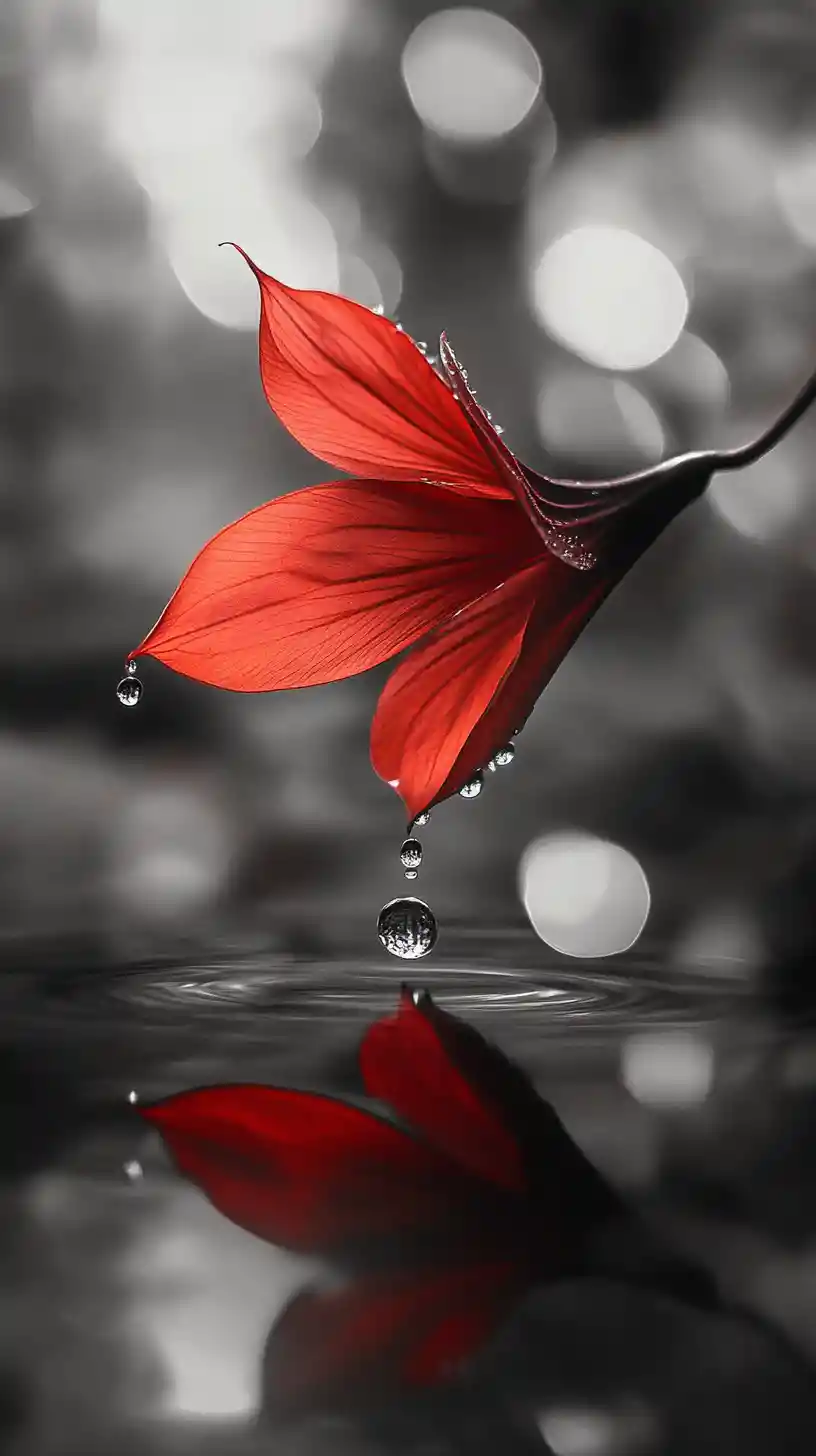Red flower petal reflected in a raindrop in monochrome world