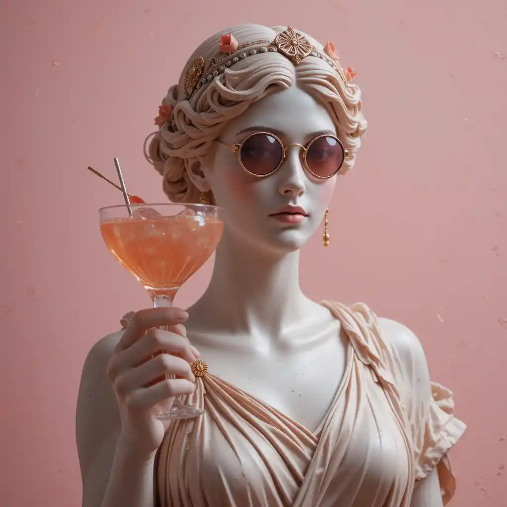 Estátua feminina em estilo grego bebendo coquetel com óculos de sol