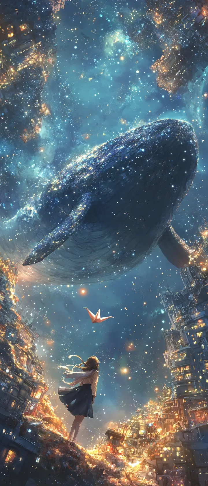Girl on a sky whale city releasing a paper crane