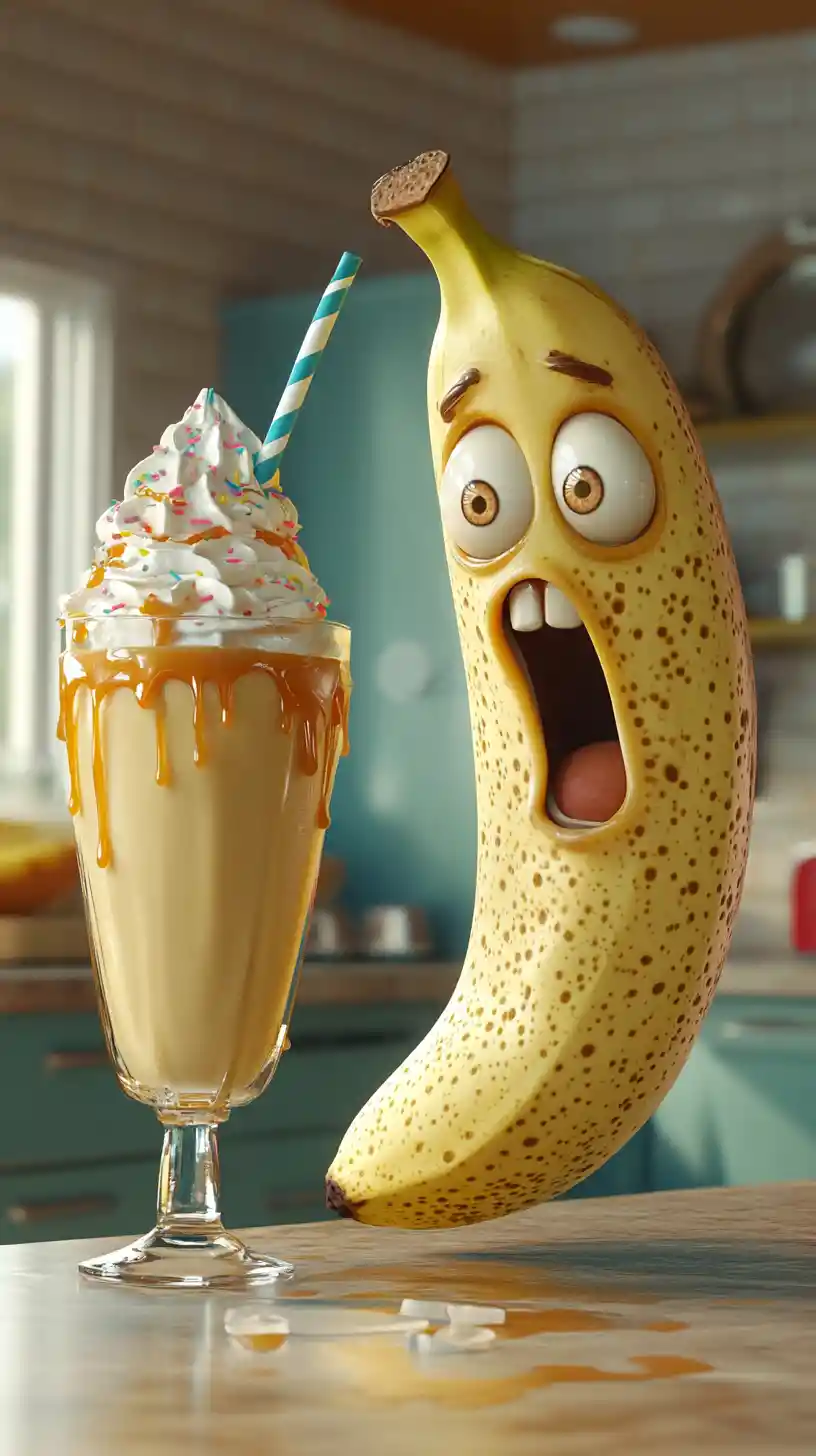 Cartoon banana reacting to tall caramel milkshake