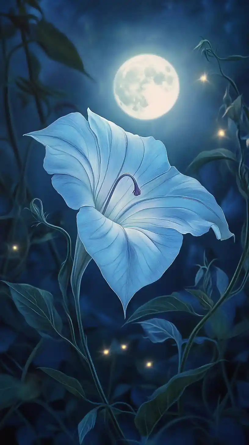 Pale blue moonflower glowing softly under full moon