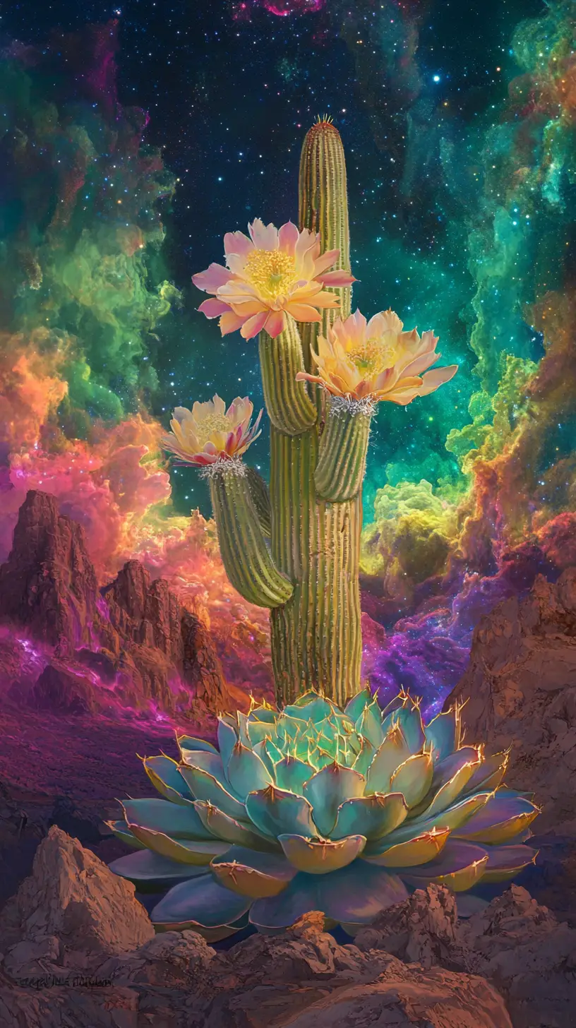 Surreal cactus and succulent in a cosmic desert sky