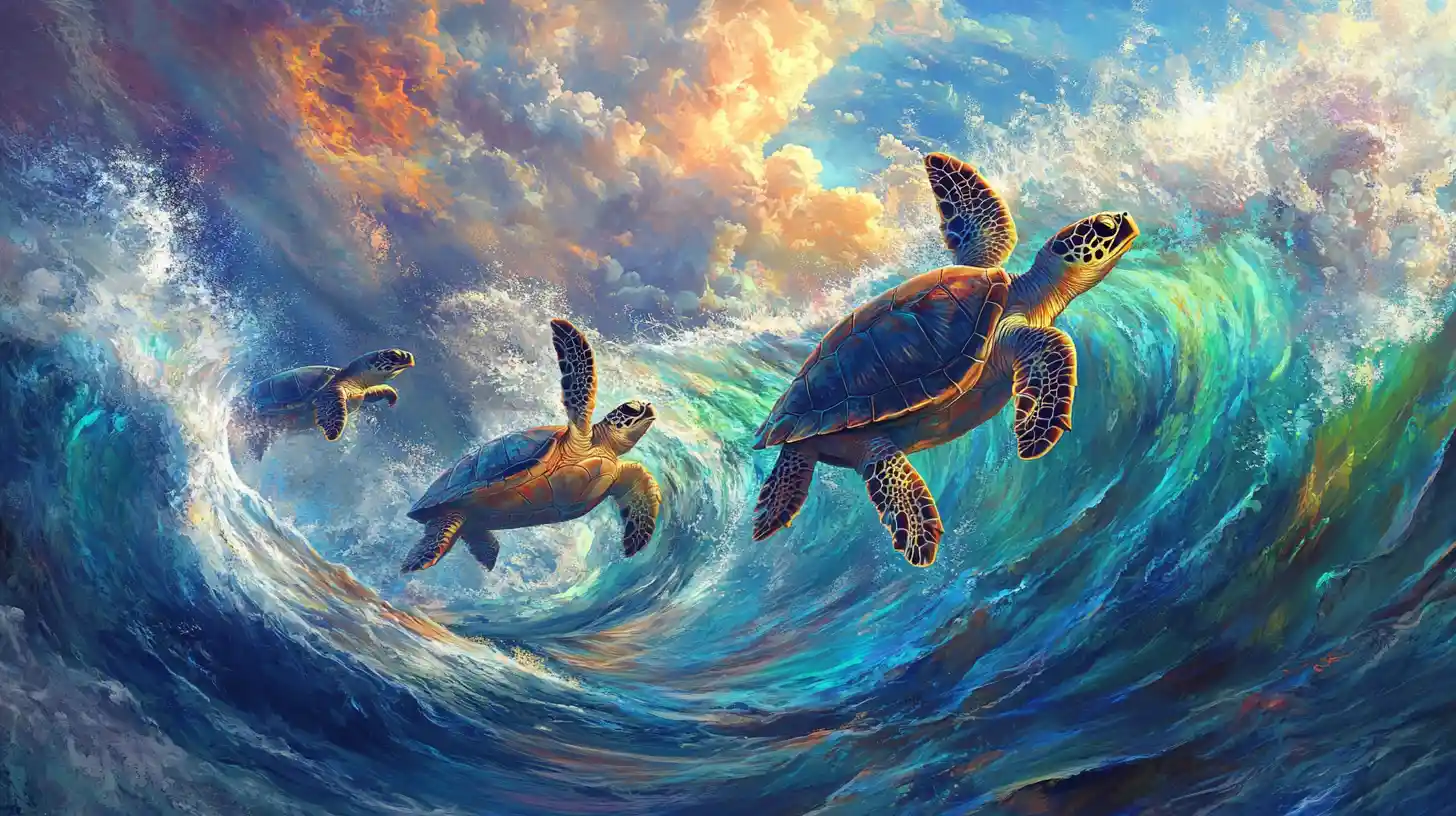 Sea turtles rise from stormy ocean into swirling rainbow