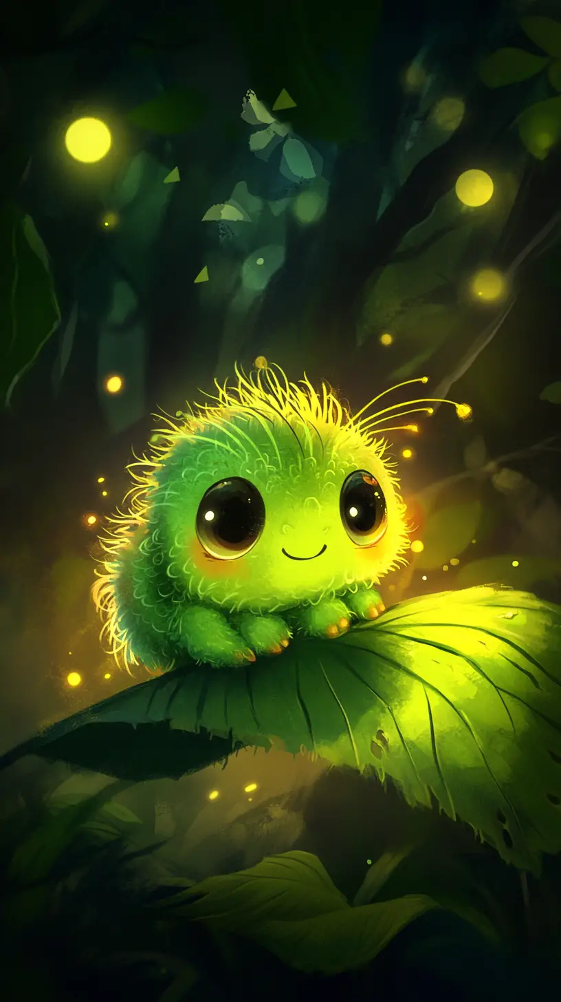 Cute cartoon caterpillar resting on a leaf in forest