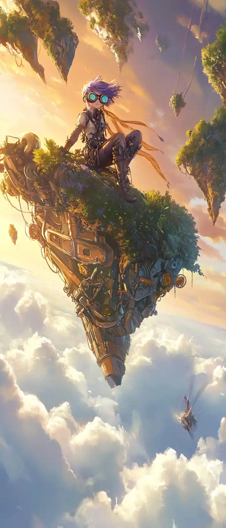 Anime adventurer girl on a mechanical bird above island