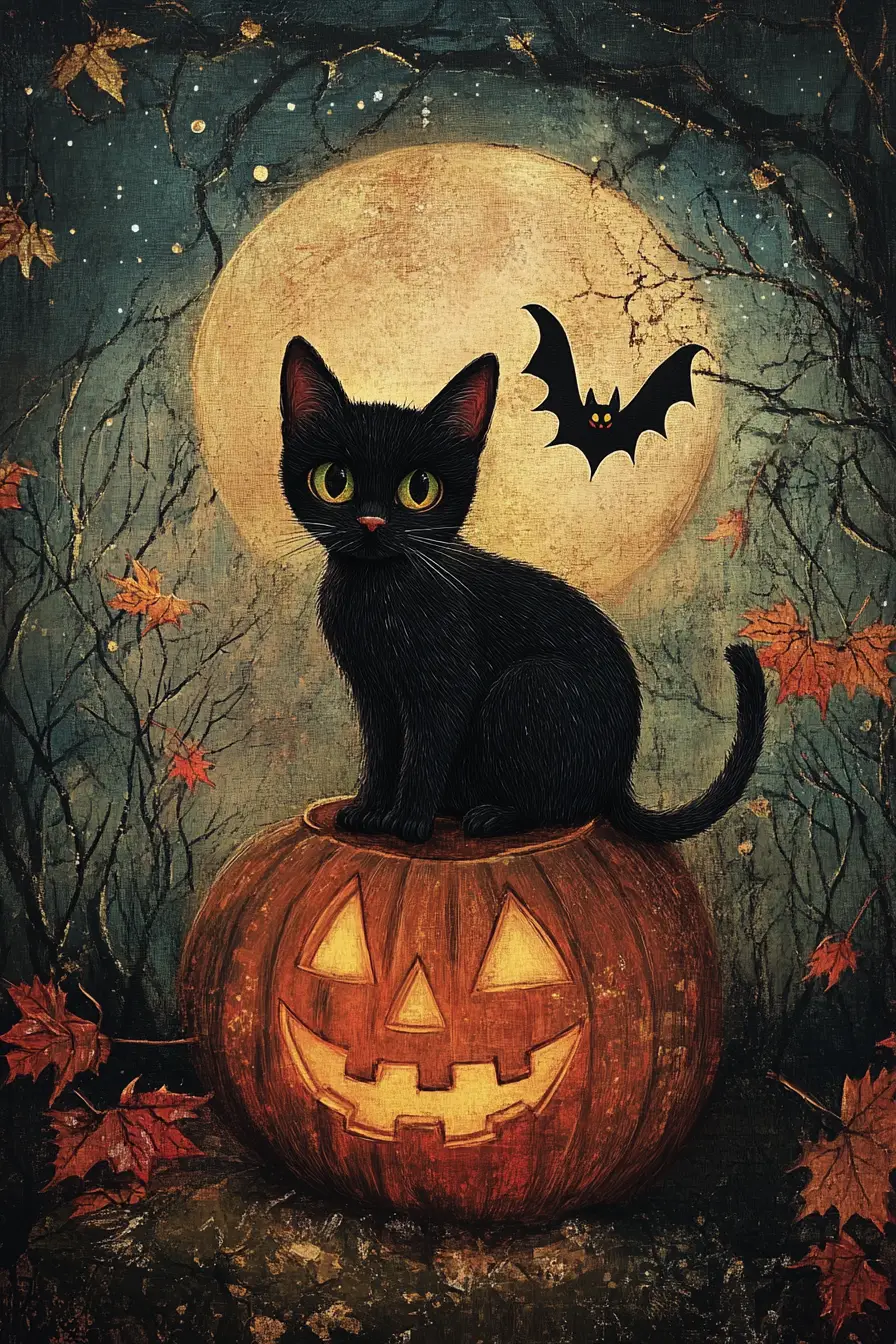 Whimsical black cat with jack o lantern and bat