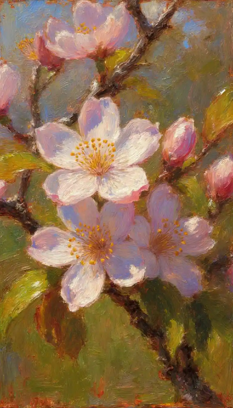 Impressionist close up painting of peach blossom flowers