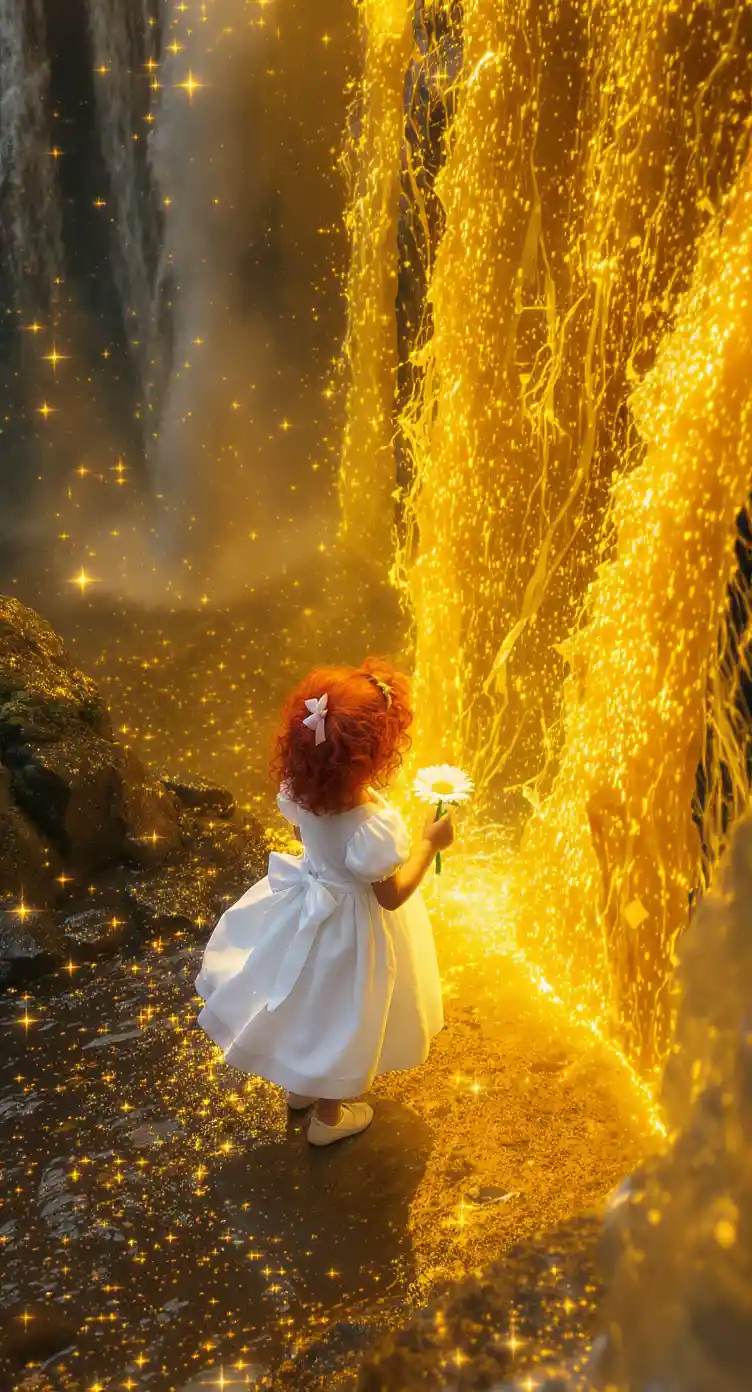 Red haired girl by a glowing golden waterfall