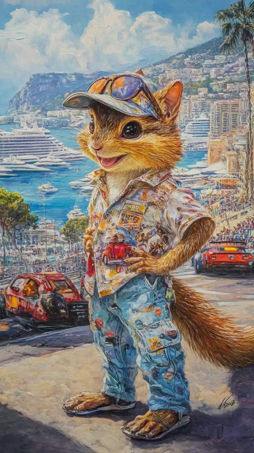 Happy chipmunk athlete at a Monaco car race scene