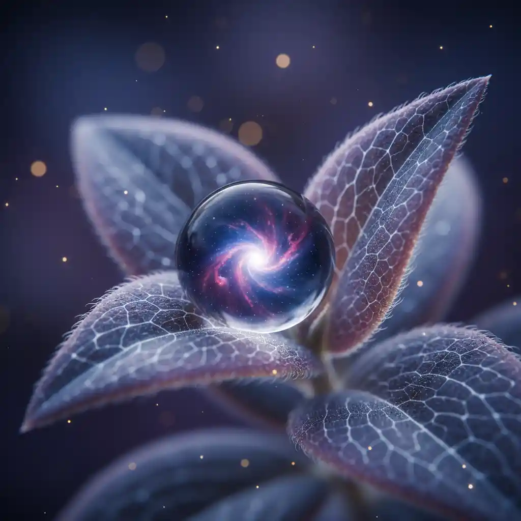 Macro dew drop on glowing mystical herb petal
