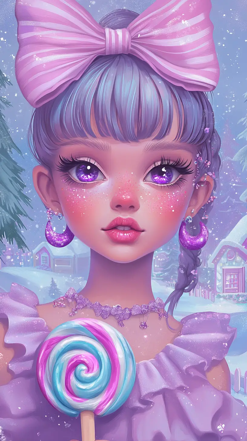 Joyful anime girl in pastel candyland winter village
