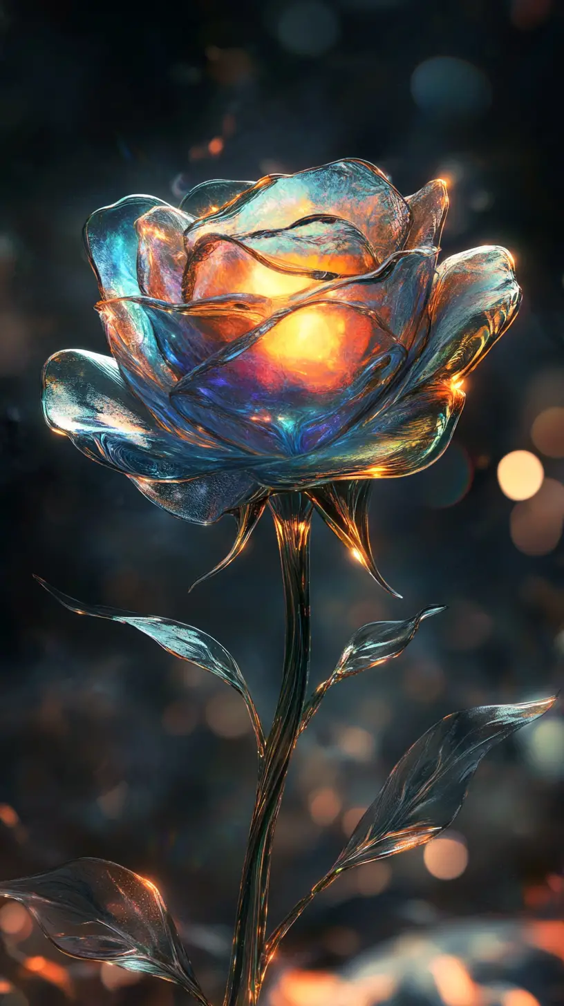 Glass rose in full bloom with glowing backlight