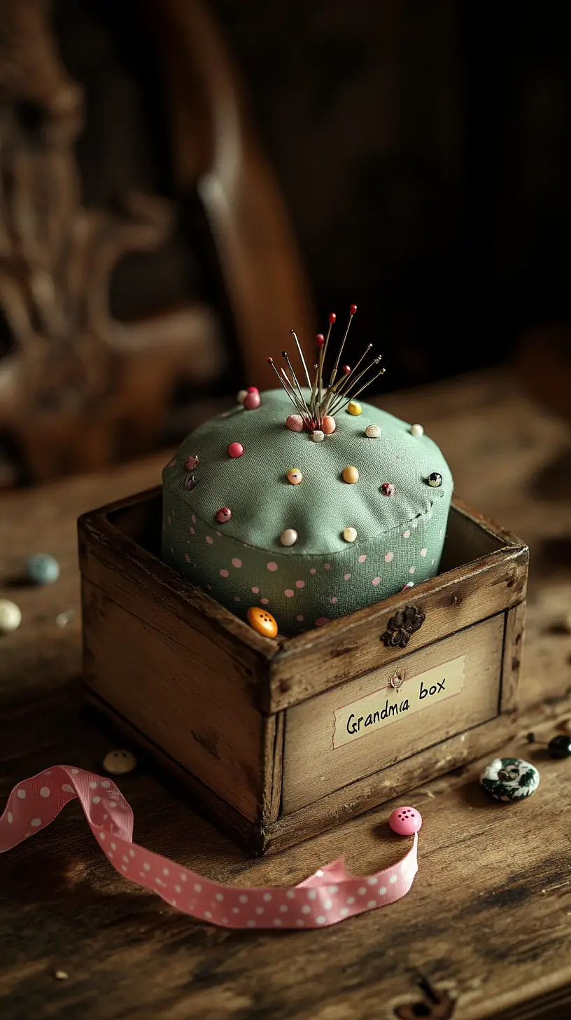 Vintage sewing box on rustic kitchen table with pins