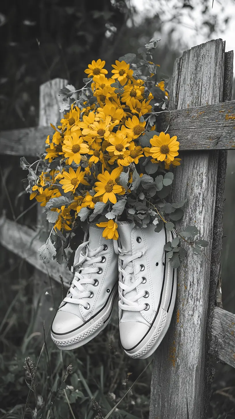 Yellow flower bouquet on rustic fence with hanging sneakers