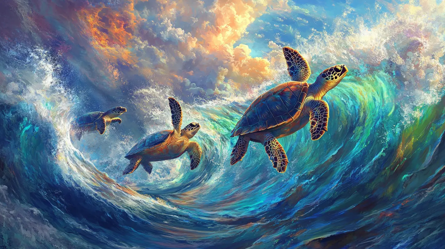 Sea turtles rise from stormy ocean into swirling rainbow