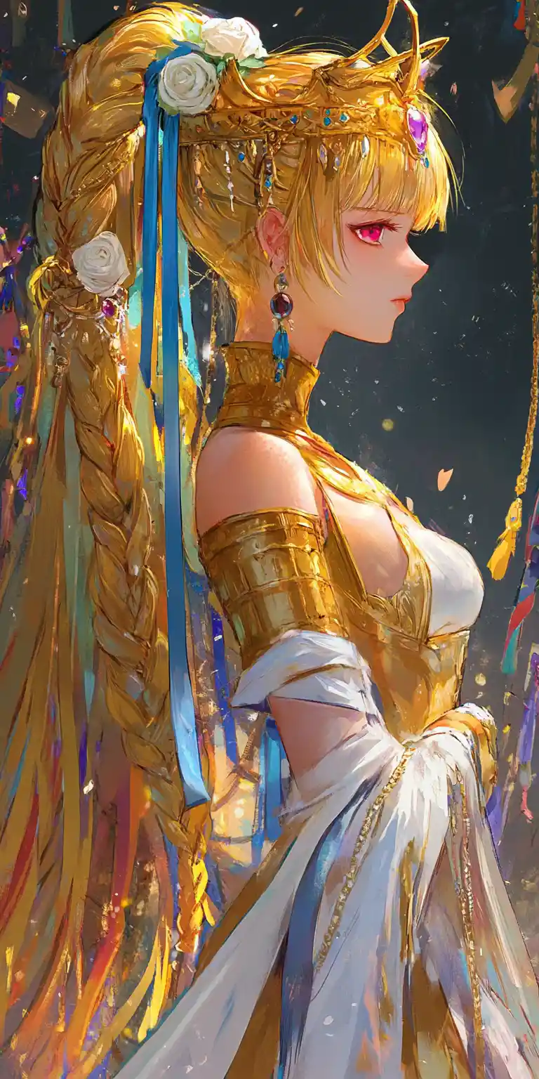Golden haired girl in armor at a colorful camp