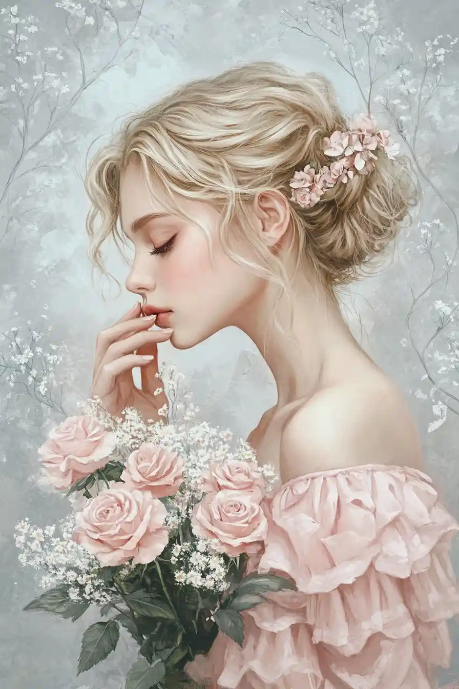Watercolor portrait of woman with pink rose bouquet