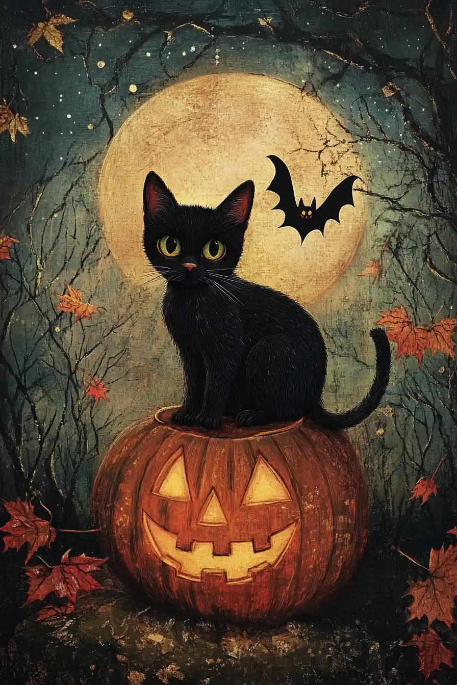 Whimsical black cat with jack o lantern and bat