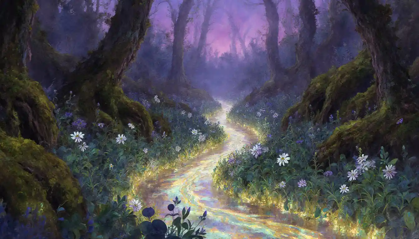 Glowing Herb River Flowing Through Ancient Fantasy Forest