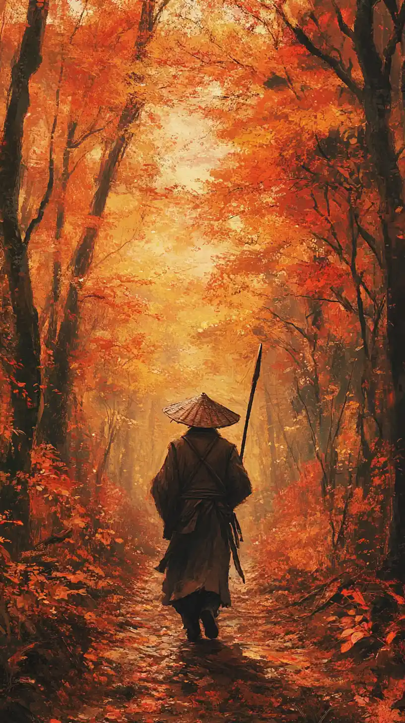 Lone traveler walking along an autumn forest path