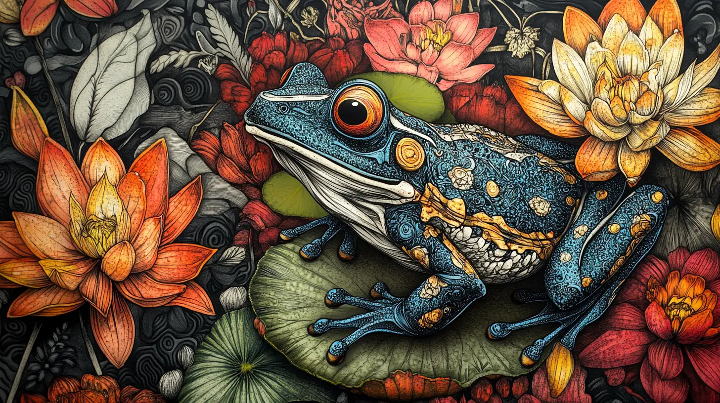 Surreal illusion of a frog on a lily pad in ink art