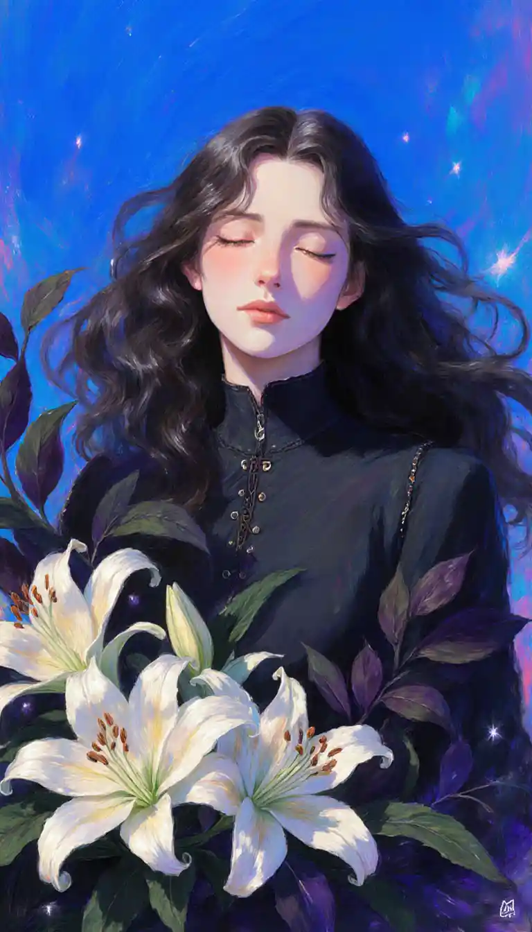 Serene Italian woman with lilies in dreamy blue scene