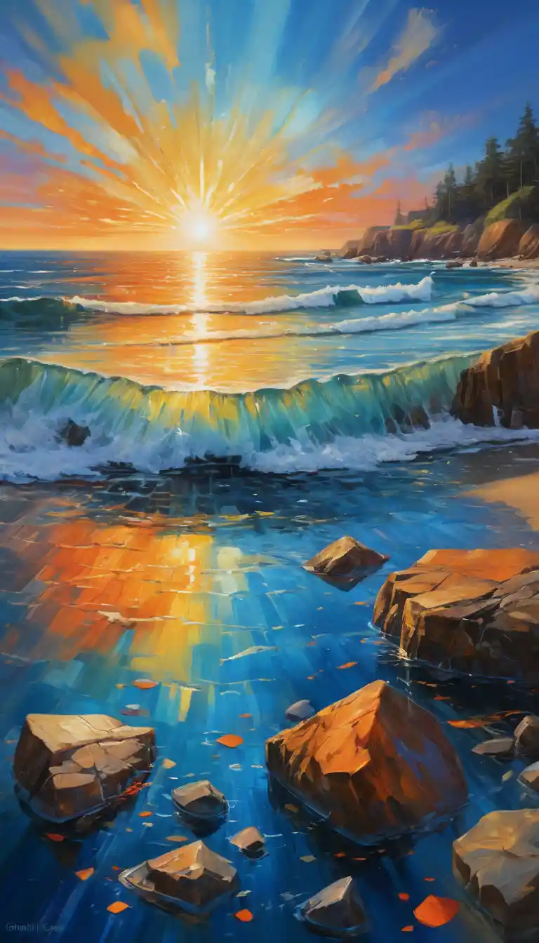 Serene coastal sea view with shimmering prismatic light