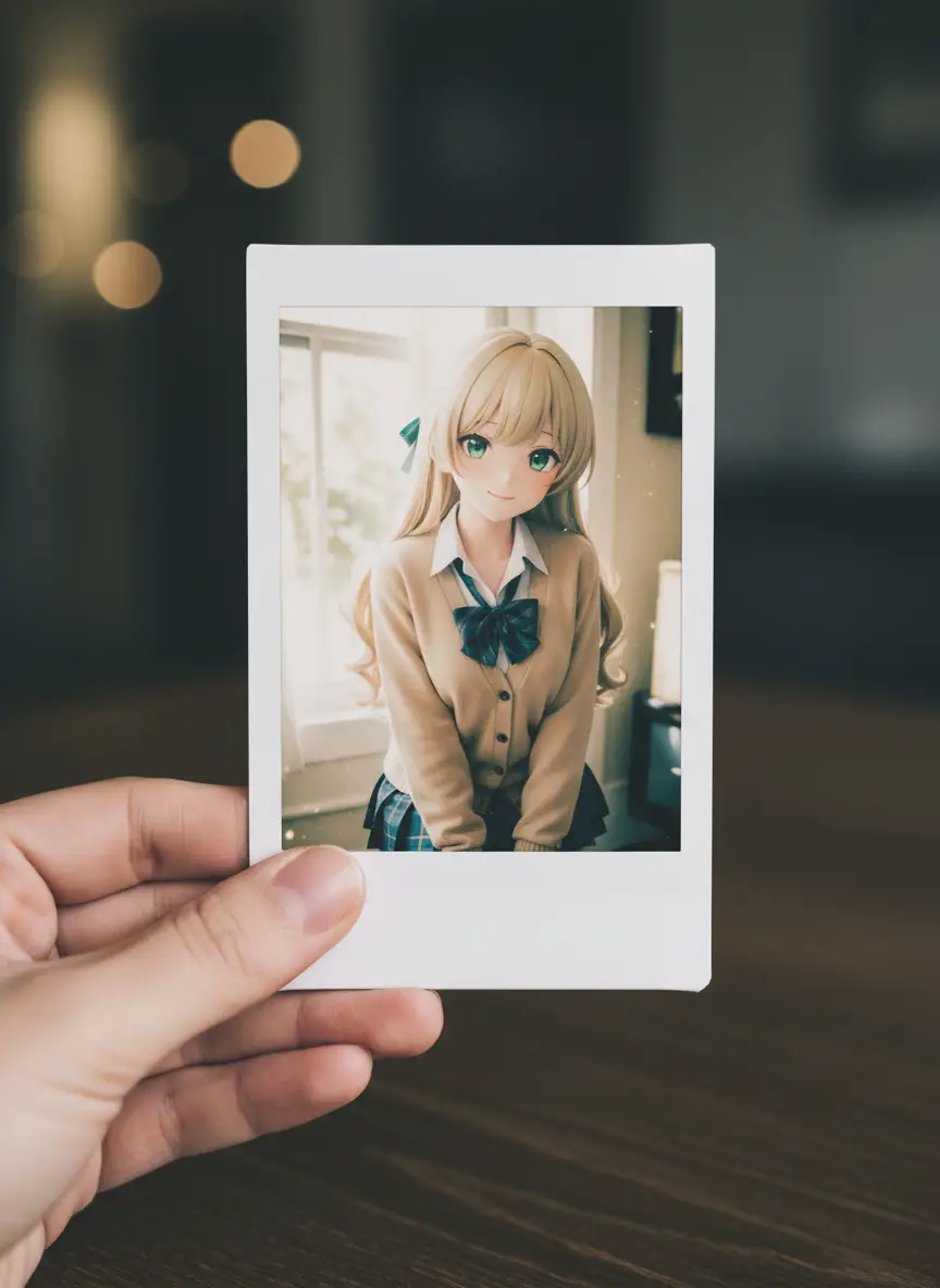 Polaroid selfie held in a human hand close up