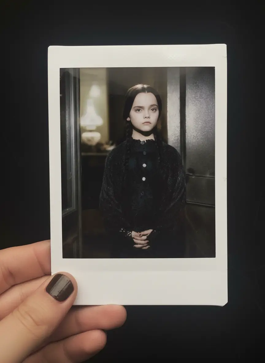 Polaroid style selfie portrait held in a human hand