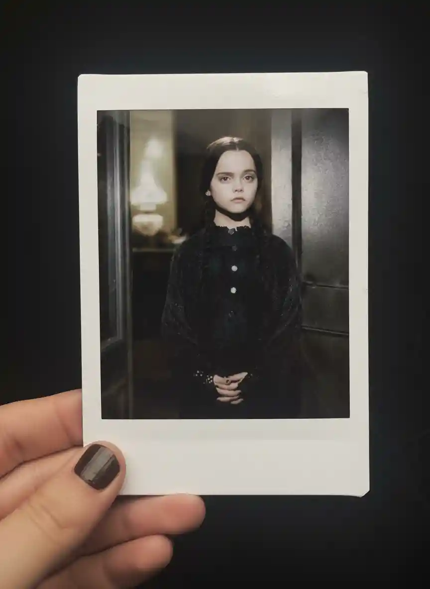 Polaroid style selfie portrait held in a human hand