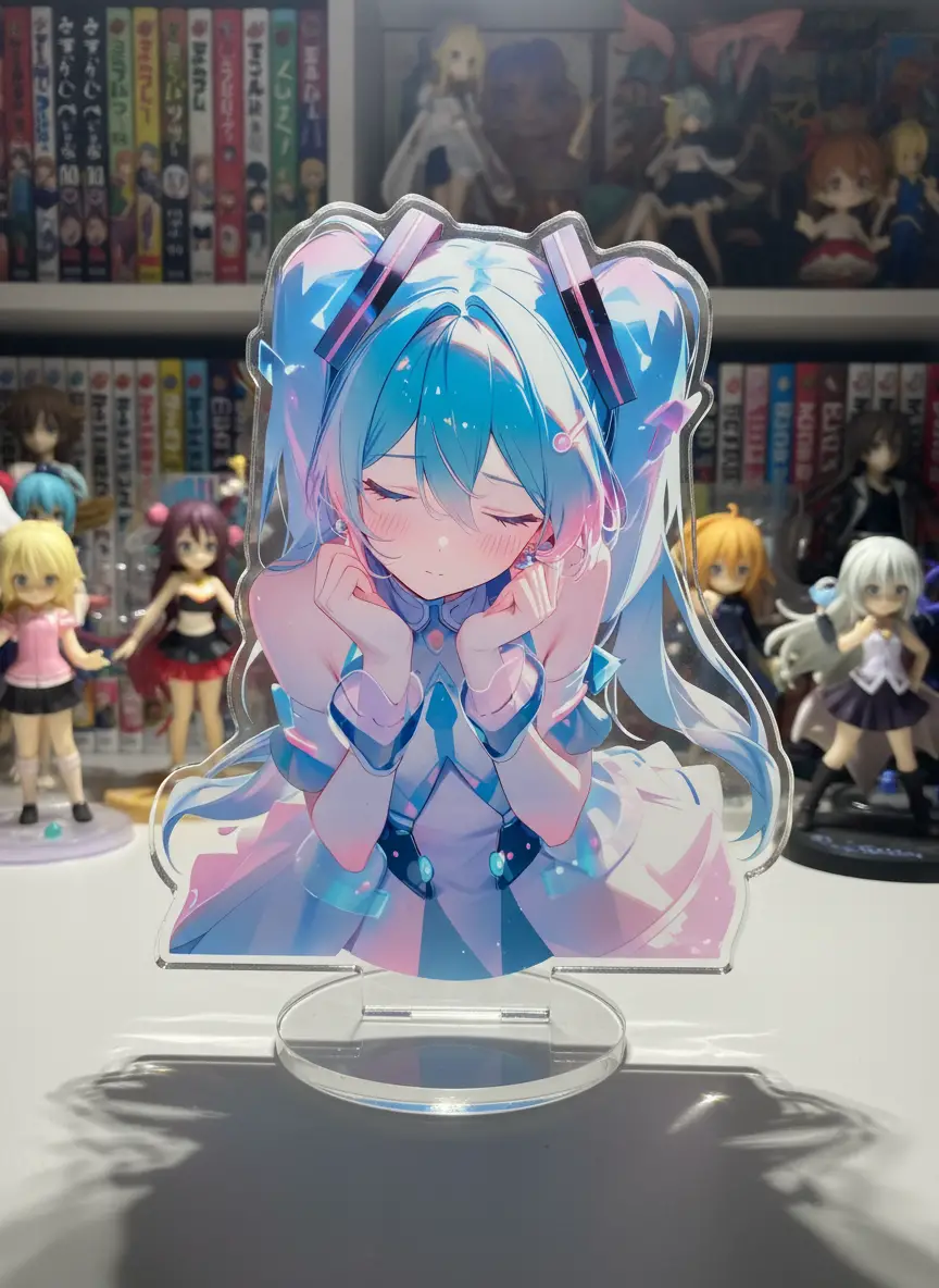Acrylic standee displayed on a clear base in collector room